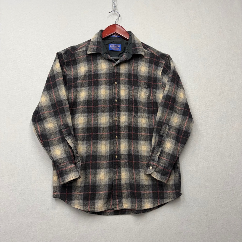 Pendleton Plaid Wool Shirt Mens L Grey Tan Vintage Button Up Long Sleeve EU78